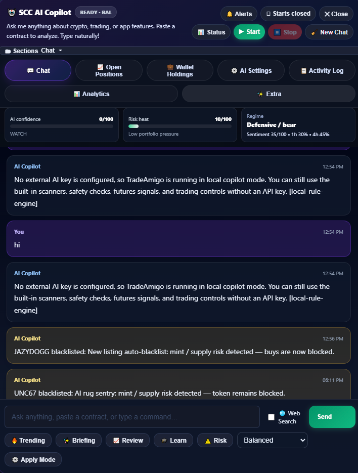 AI Copilot chat interface showing trading assistance and risk analysis