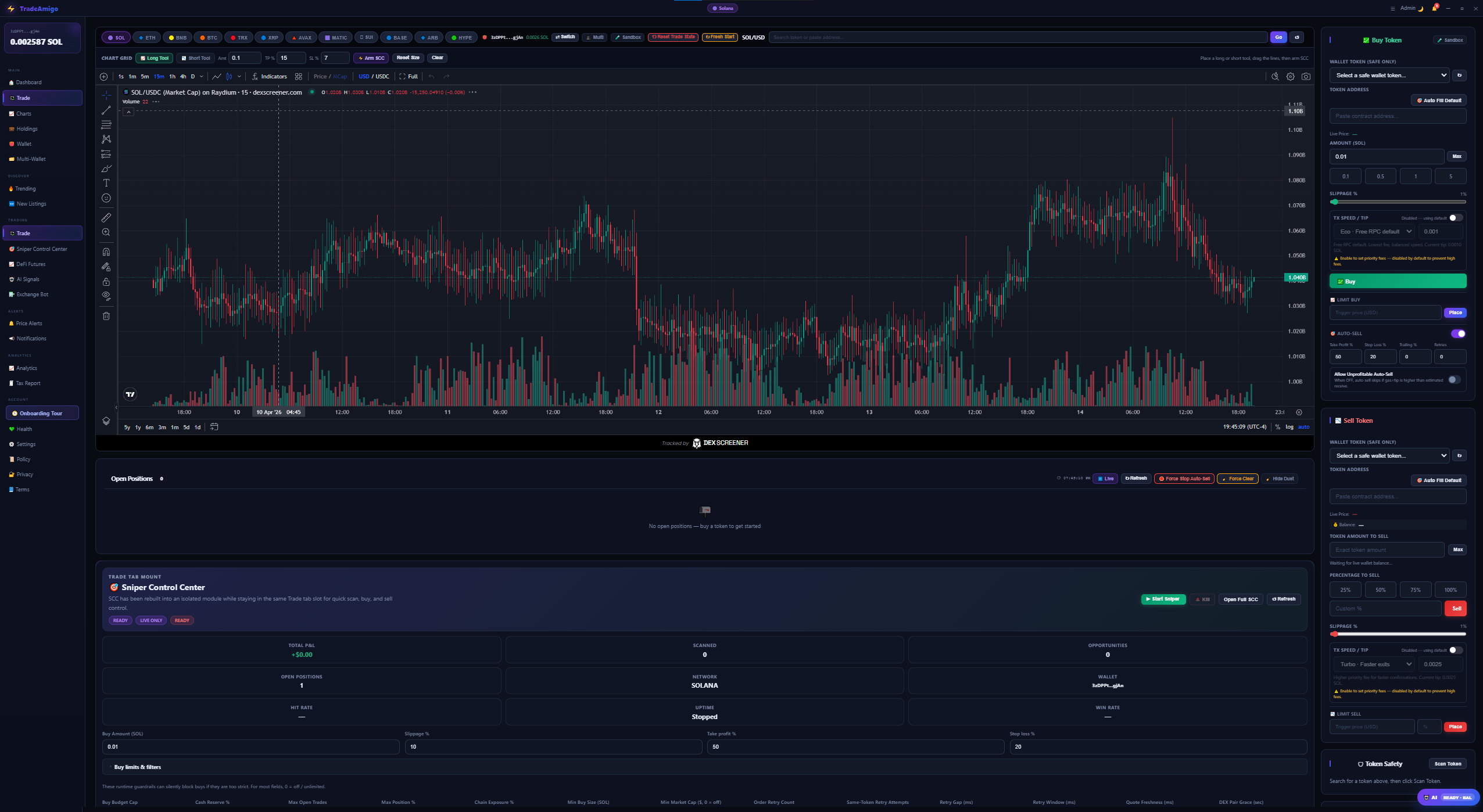 Main trading interface showing SOL/USD chart with TradingView integration, sniper control center, and open positions panel