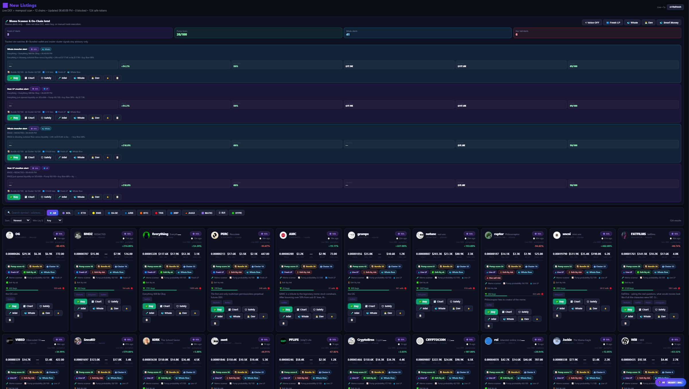 New Listings page showing freshly launched tokens with market data and quick buy buttons