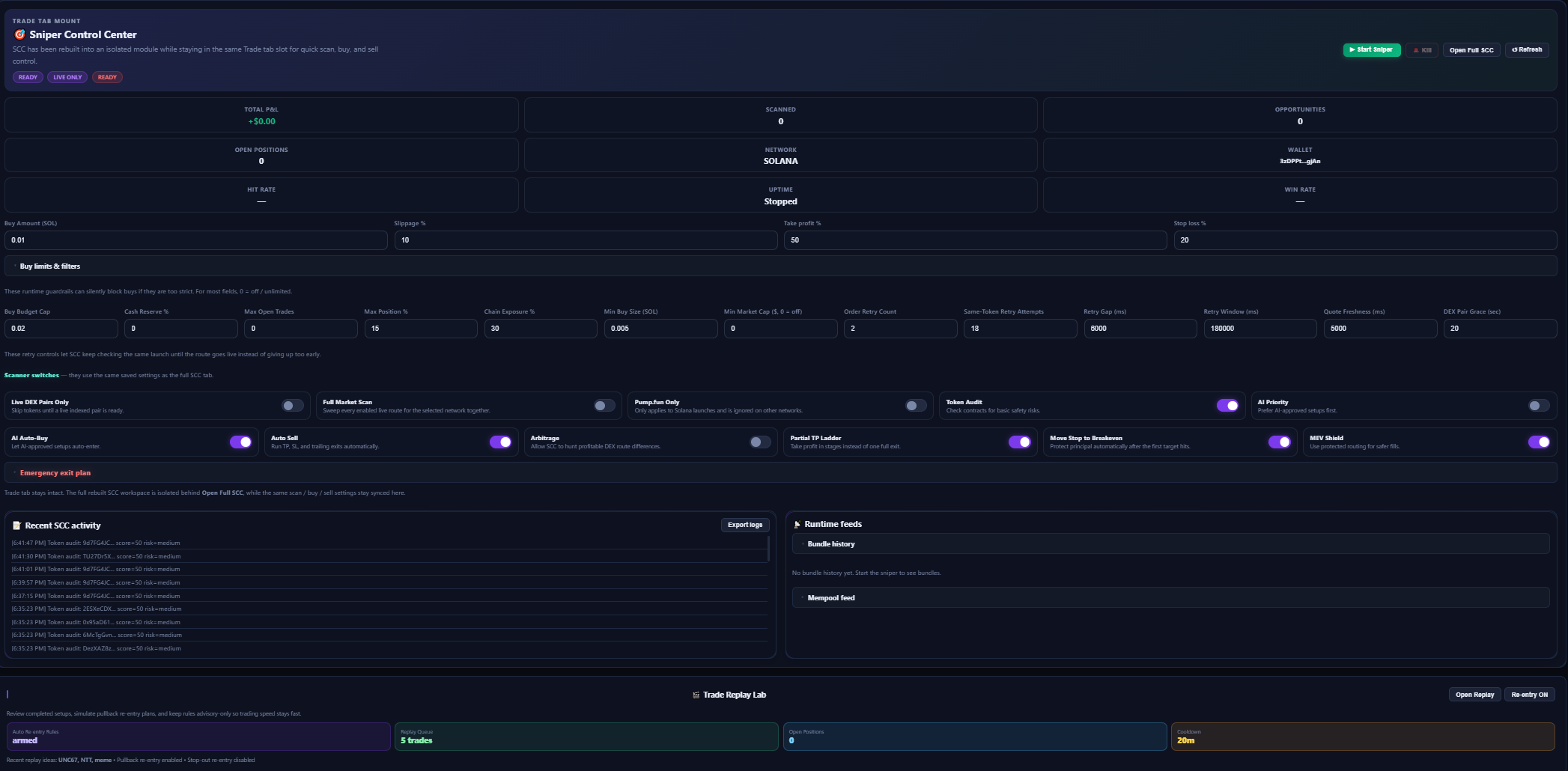 Sniper Control Center interface with scanning controls, buy limits, and runtime feeds
