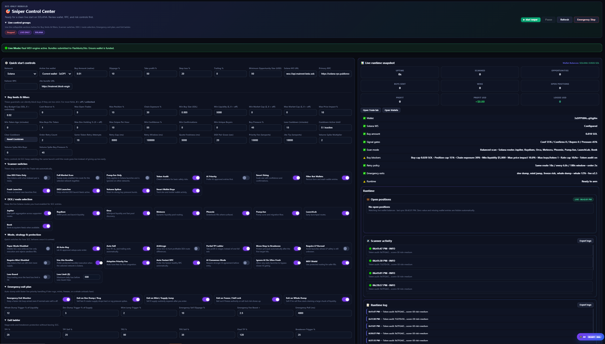 Advanced sniper configuration with strategy controls, DEX filters, and position management