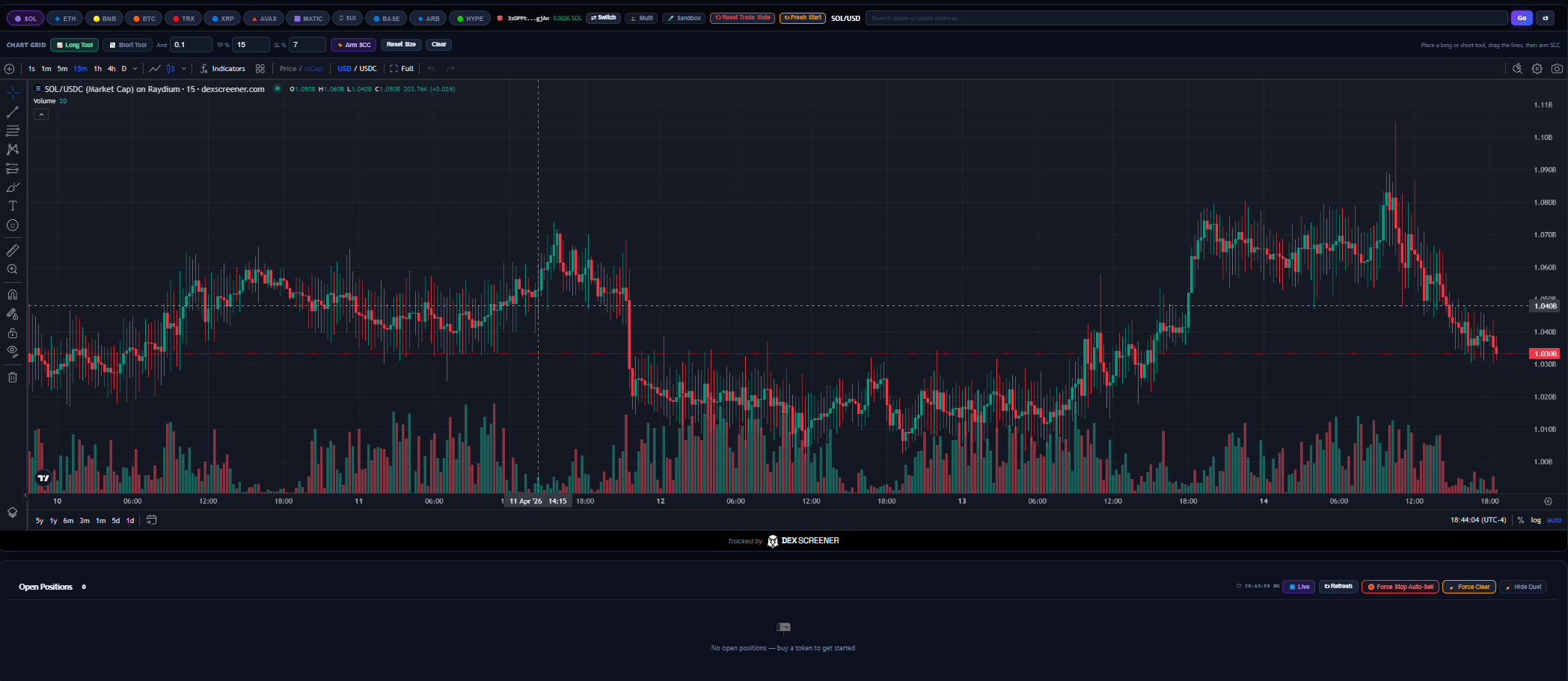 TradeAmigo Desktop trading terminal showing SOL/USD chart with buy/sell panels and wallet integration